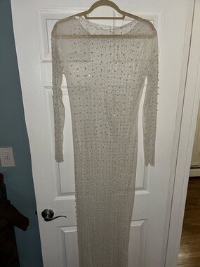BNWOT Elegant Sheer Long-Sleeve Embellished Maxi Dress in Ivory. Sz Lg